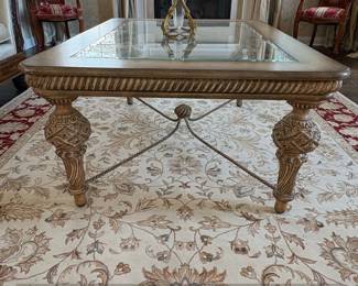 Schnadig Carved Wood Coffee Table with Glass Top second image