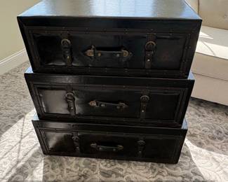 Black Faux Leather Trunk Dresser with Three Drawers