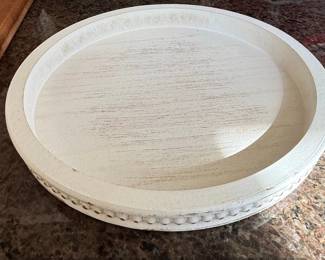 Distressed White Wood Round Tray with Beaded Edge
