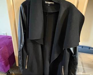 Karl Lagerfeld Paris Asymmetrical Drape Coat with Faux Leather Sleeves