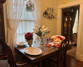 Dining table, Dining Chairs, Decorative Vintage Bird Cage, Serving Plates