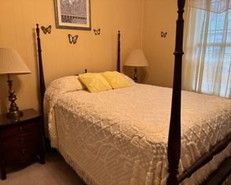 Mahogany 4-poster Bed Frame, bed sheets, comforter, pillow cases, pillows and wall art.