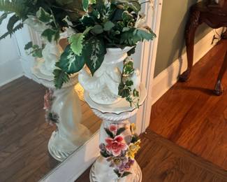 Vintage Porcelain Pedestal and Ceramic Vase with fake plant