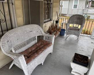 White Wicker patio loveseat and rocking chair, White Decorative Planter