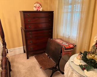 Vintage School Desk, Vintage Mahogany Chest, and a velvet prayer rug.