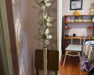 Vintage Hollywood Regency White Glass Lotus Flower Floor Lamp, dinner tray.