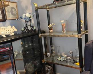 Hollywood Regency-Style 4-tier Shelf, Black Wrought Iron Candle Holder with a Centeral Vase, Vintage Collectible Ceramic Cat, Vintage 1970s Walt Disnney Word Glass Dish, etc.