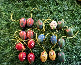 Many Vintage Erzgebirge Germany Easter Ornaments, Christian Ulbricht, Goula Folk Art ornaments, and wood folk art style ornaments.