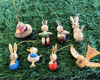 Many Vintage Erzgebirge Germany Easter Ornaments, Christian Ulbricht, Goula Folk Art ornaments, and wood folk art style ornaments.