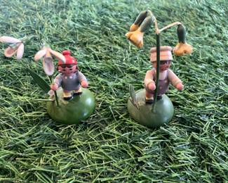 Many Vintage Erzgebirge Germany Easter Ornaments, Christian Ulbricht, Goula Folk Art ornaments, and wood folk art style ornaments.