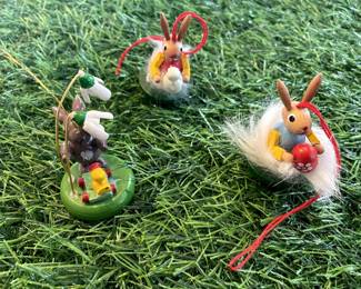 Many Vintage Erzgebirge Germany Easter Ornaments, Christian Ulbricht, Goula Folk Art ornaments, and wood folk art style ornaments.