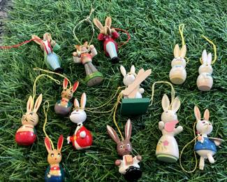 Many Vintage Erzgebirge Germany Easter Ornaments, Christian Ulbricht, Goula Folk Art ornaments, and wood folk art style ornaments.