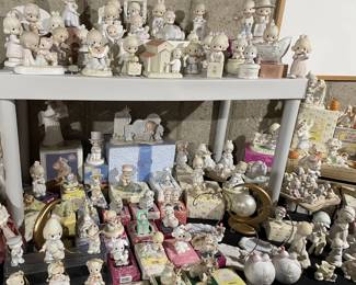 Hundreds of Enesco Precious Moments - some with boxes - Birthday & Collector Club, Train, Circus, Limited, Signed, Sugar Town, etc.