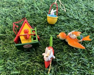 Many Vintage Erzgebirge Germany Easter Ornaments, Christian Ulbricht, Goula Folk Art ornaments, and wood folk art style ornaments.