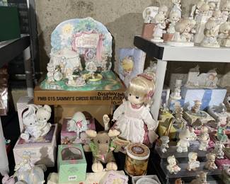 Hundreds of Enesco Precious Moments - some with boxes - Birthday & Collector Club, Train, Circus, Limited, Signed, Sugar Town, etc.
