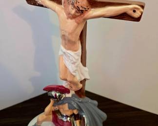 Vintage Hand-painted Ceramic Crucifix Statue