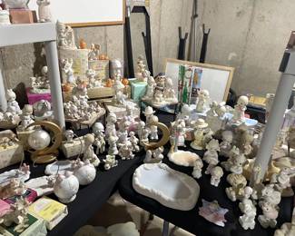 Hundreds of Enesco Precious Moments - some with boxes - Birthday & Collector Club, Train, Circus, Limited, Signed, Sugar Town, etc.