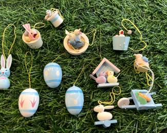 Many Vintage Erzgebirge Germany Easter Ornaments, Christian Ulbricht, Goula Folk Art ornaments, and wood folk art style ornaments.