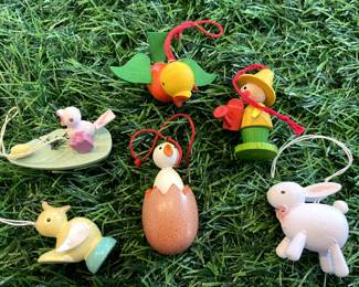 Many Vintage Erzgebirge Germany Easter Ornaments, Christian Ulbricht, Goula Folk Art ornaments, and wood folk art style ornaments.