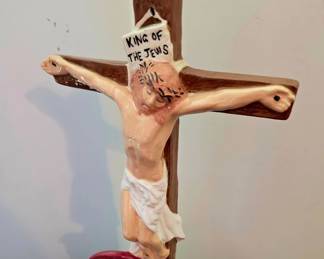 Vintage Hand-painted Ceramic Crucifix Statue