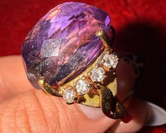 Large Amethyst and Diamond Cocktail Ring in Yellow Gold