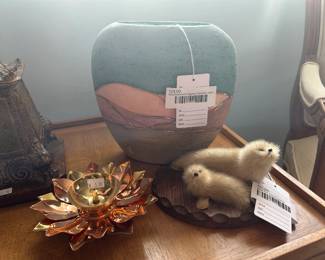 Southwestern Signed Ceramic Vase, Real Fur Seal Figurine