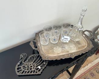 Val St Lambert Executive Glass Set, Silver Tray