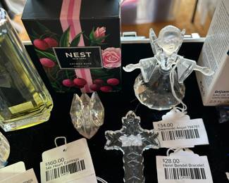 14K Heart Earrings, Swarovski Angel 194761, Henri Bendel Bracelet, Nest Lychee Rose Perfume