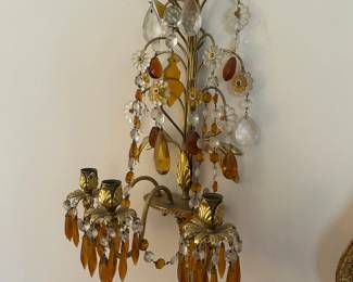 Brass & Crystal Wall Sconce Pair