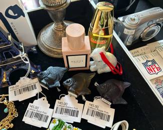 Limoges Castel Eiffel Tower, Lalique Black Fish, Lalique Golden Fish, Lalique Purse Fish