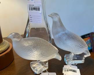 (A) Lalique Quail Figurine (B) Lalique Quail Figurine, Baccarat Crystal Vase