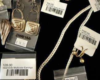 Swarovski Mulicolor Earrings, KJL Avon Snake Brooch, 14k Hoop Earrings, Precious metal pricing is subject to change based on market fluctuation.