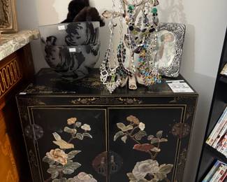 Chinoserie Style Stone Accent Cabinet, Jewelry Stand, Jeweled Necklaces 