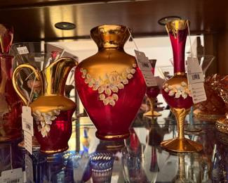 Murano Red & Gold Painted Pitcher, (A) Murano Red & Gold Painted Vase, (B) Murano Red & Gold Hand Painted Vase