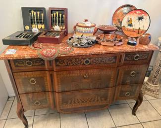 Louis XVI Style Ornate Marble Top Dresser, (A) Rogers Summit Flatware Set, (B) Rogers Summit Flatware Set 