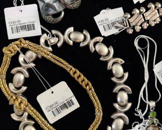 (Precious metal pricing is subject to change based on market fluctuation.) 18k Braided Chain Necklace, Sterling Modern Choker, Sterling Scroll Link Bracelet, Sterling Engraved Hinged Bracelet, 10k Diamond Earrings, Sterling White Stone Statement Ring, 