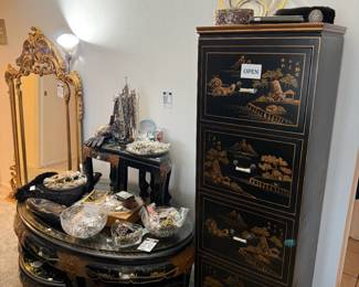 French Louis XV Style Gilt Mirror, Chinoiserie Style Nesting Coffee Table - Includes 6 Stools, Hand Painted Chinoiserie Style Lingerie Chest  