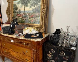 Old World Style Maggiolini Style Marble Top Dresser, Robin Phillipson Original Oil Painting  