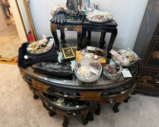 Chinoiserie Style Nesting Coffee Table - Includes 6 Stools