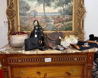 Old World Style Maggiolini Style Marble Top Dresser, Robin Phillipson Original Oil Painting  