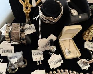 Sterling White Stone Statement Ring, 10k Diamond Earrings, Sterling Blue Stone Bracelet, Sterling Engraved Hinged Bracelet , Precious metal pricing is subject to change based on market fluctuation.