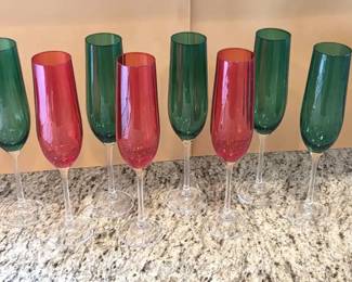Red Green Glass Champagne Flutes