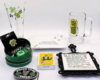 131 IrishGlassMugDishTrivetCardsBucklePin