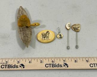 Scrimshaw and carved art Pins, Earring, Button