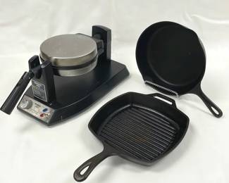 Waring Pro Waffle maker And Two Cast Iron Skillets
