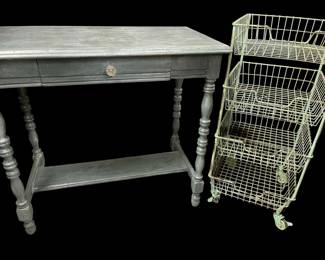 Spindle Leg Distressed Console Table And Tiered Rolling Cart