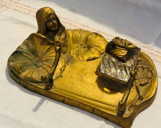 Antique French Art Nouveau Brass Inkwell & Pen holder stand
