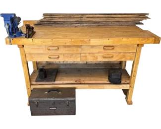 Wooden Tool Bench With Central Forge Vise, Craftsman Toolbox, More