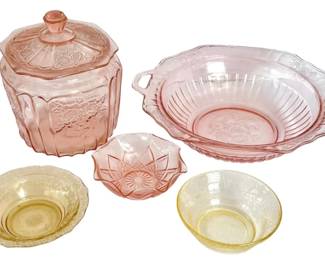 Pink Yellow Depression Glass  Anchor Hocking Mayfair Cookie Jar, Vegetable Bowl,  More