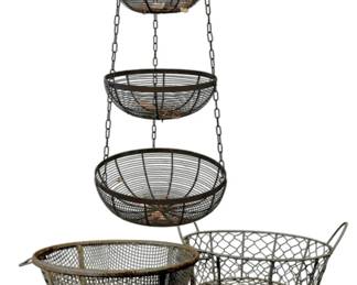 Vintage Wire Hanging Fruit Basket, Strainer, Egg Basket